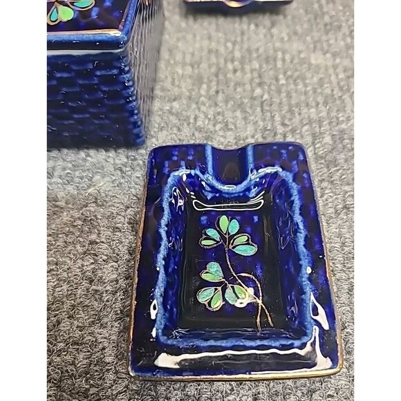 Ceramic Individual 4-Ashtray Box w/Lid Cobalt Blue Japan Antique - Picture 3 of 11